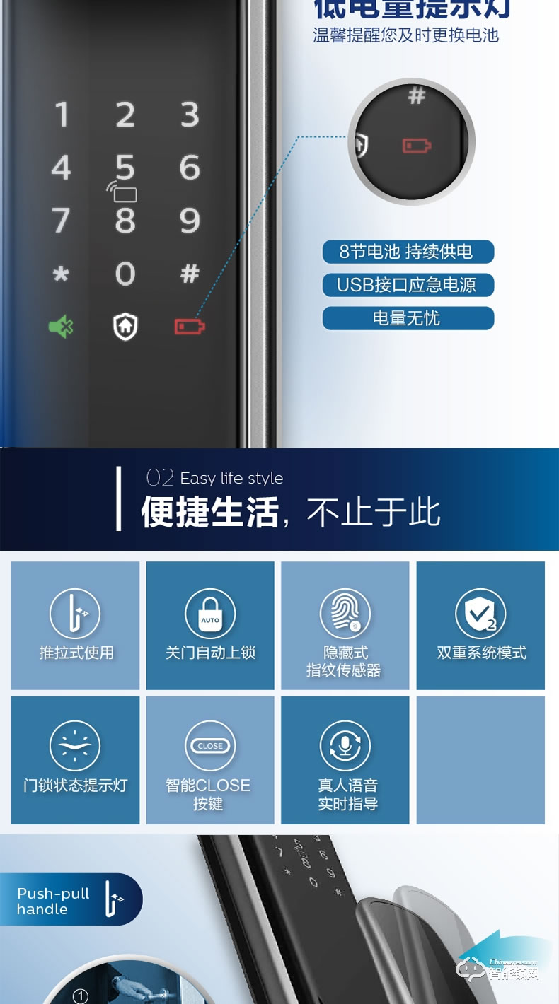 飞利浦智能锁 9100推拉式家用防盗门指纹密码锁