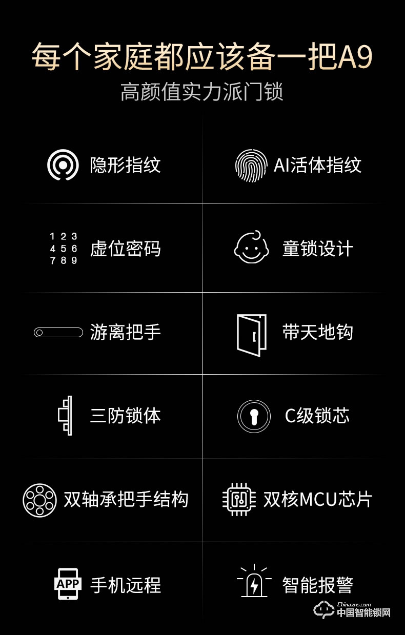 曼亚智能锁 家用防盗门密码锁指纹刷卡远程感应锁A9