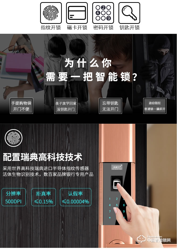 小家丁指纹锁 D8家用电子锁防盗门大门锁