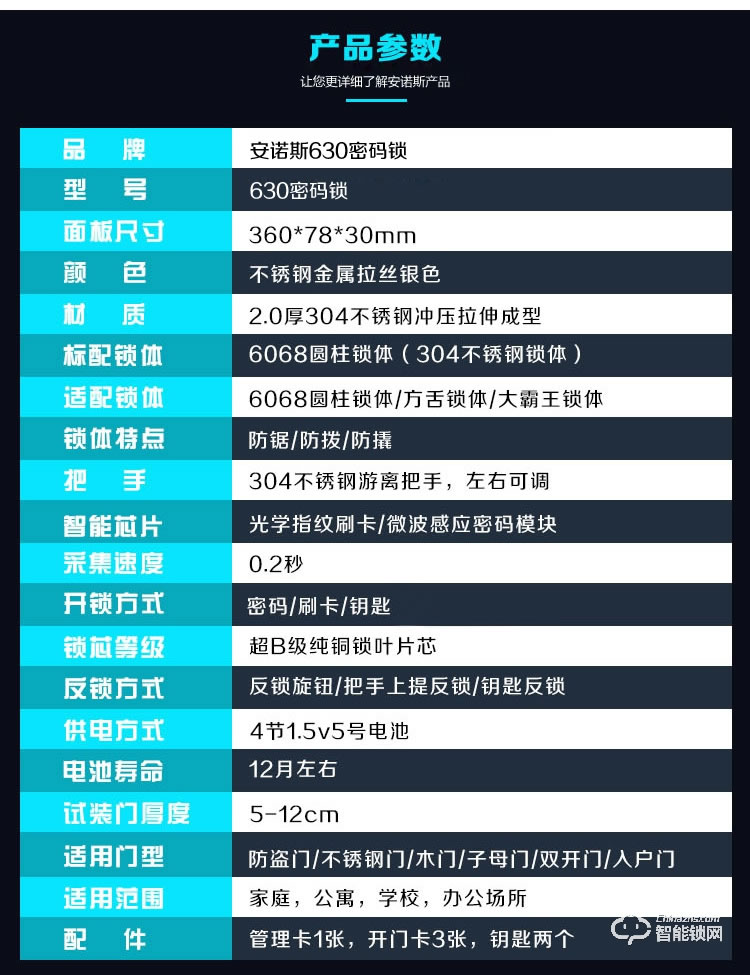 安诺斯智能锁 密码锁304不锈钢防盗门锁智能家用门锁