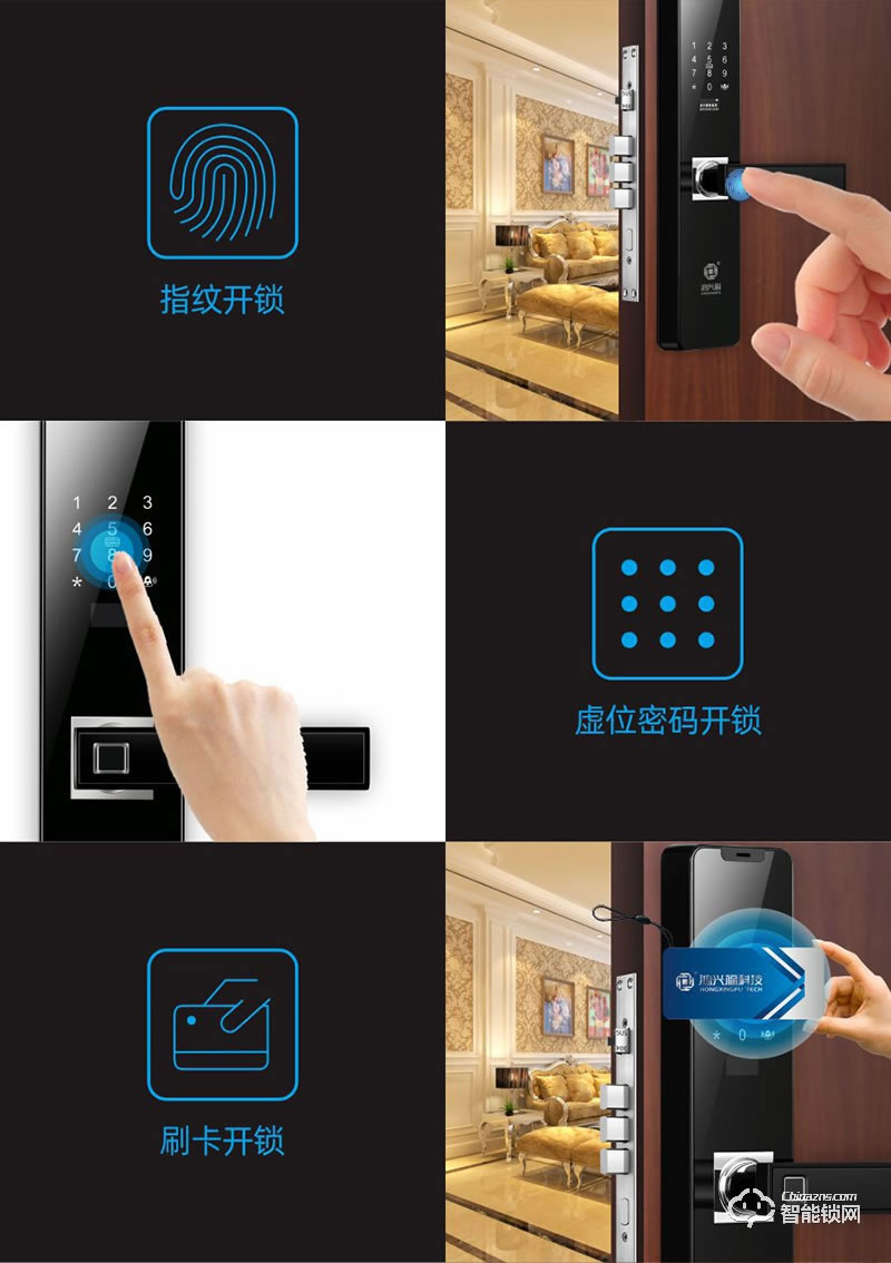 鸿兴福智能锁 A8002一键解锁智能指纹锁