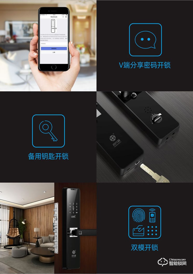 鸿兴福智能锁 A8002一键解锁智能指纹锁