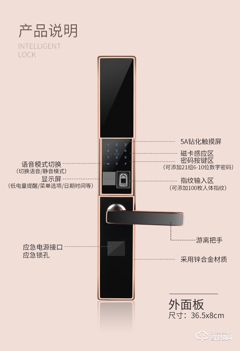 智联美家智能锁 M0507自动下滑盖指纹密码锁