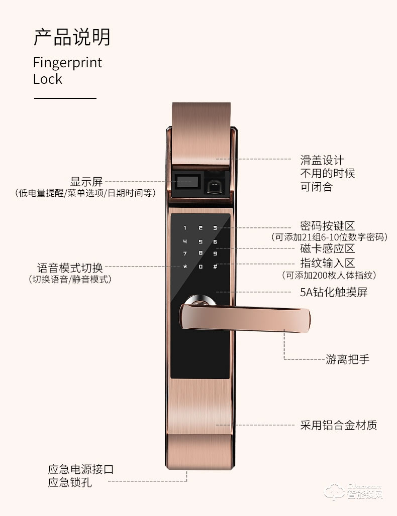 智联美家智能锁 M0505小滑盖密码智能锁