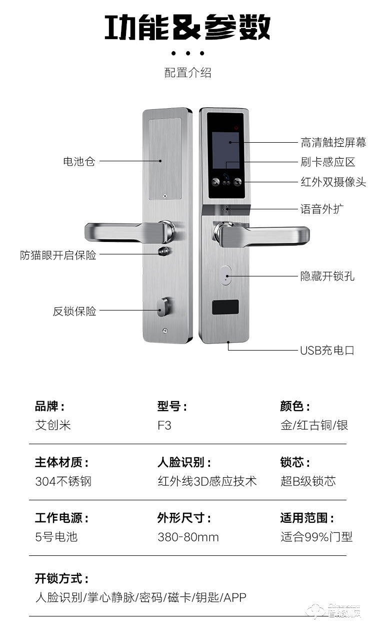 艾创米智能锁 F3全自动人脸识别智能锁电子门锁