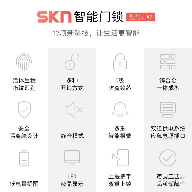 skn智能锁 A7家用防盗门密码锁电子锁