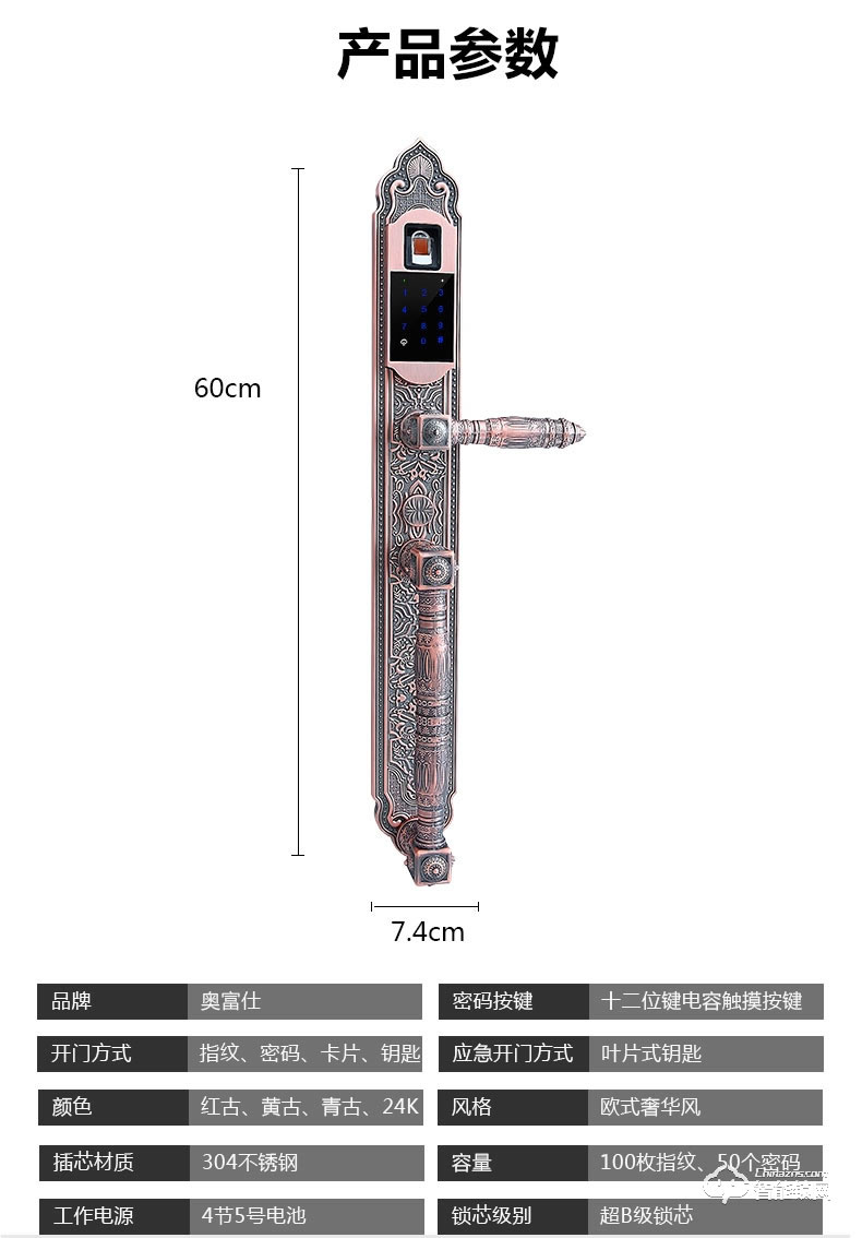 奥富仕智能锁 AFS-A1573别墅锁欧式风格大门锁