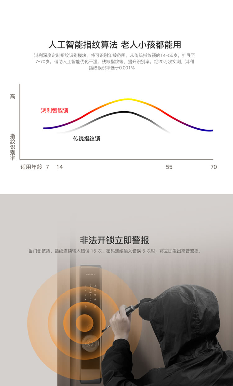 鸿利智能锁 D20全自动指纹锁家用防盗门