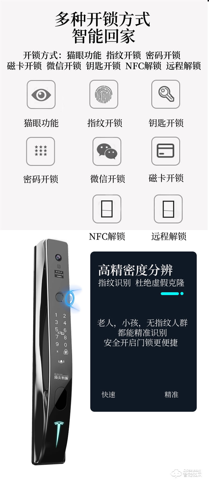 顶尖智派特斯拉全自动猫眼智能锁 全自动一键解锁