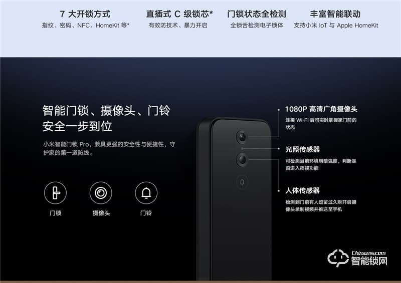 小米智能门锁 Pro碳素黑 高清超广角摄像头