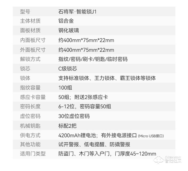 石将军J1全自动指纹锁 家用防盗门智能锁